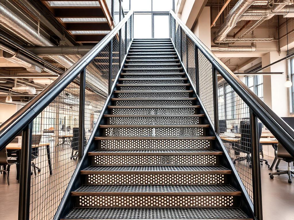 Escalier métallique industriel à marches perforées réalisé à Tanger