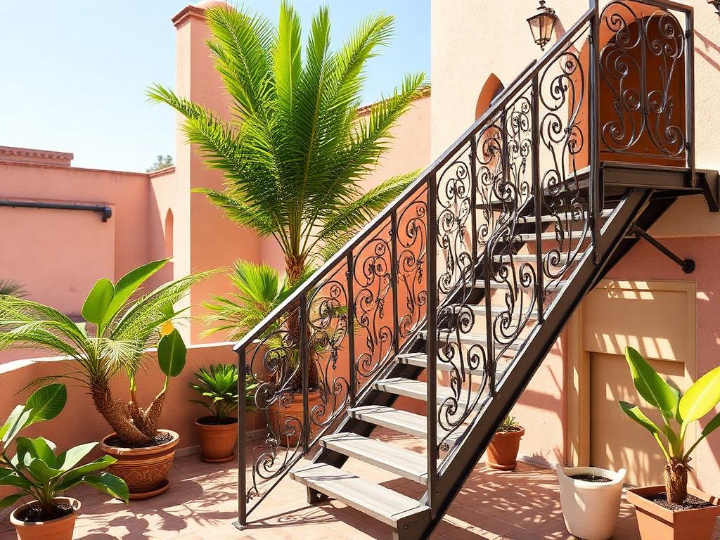Escalier extérieur en acier avec rampe en fer forgé réalisé à Marrakech