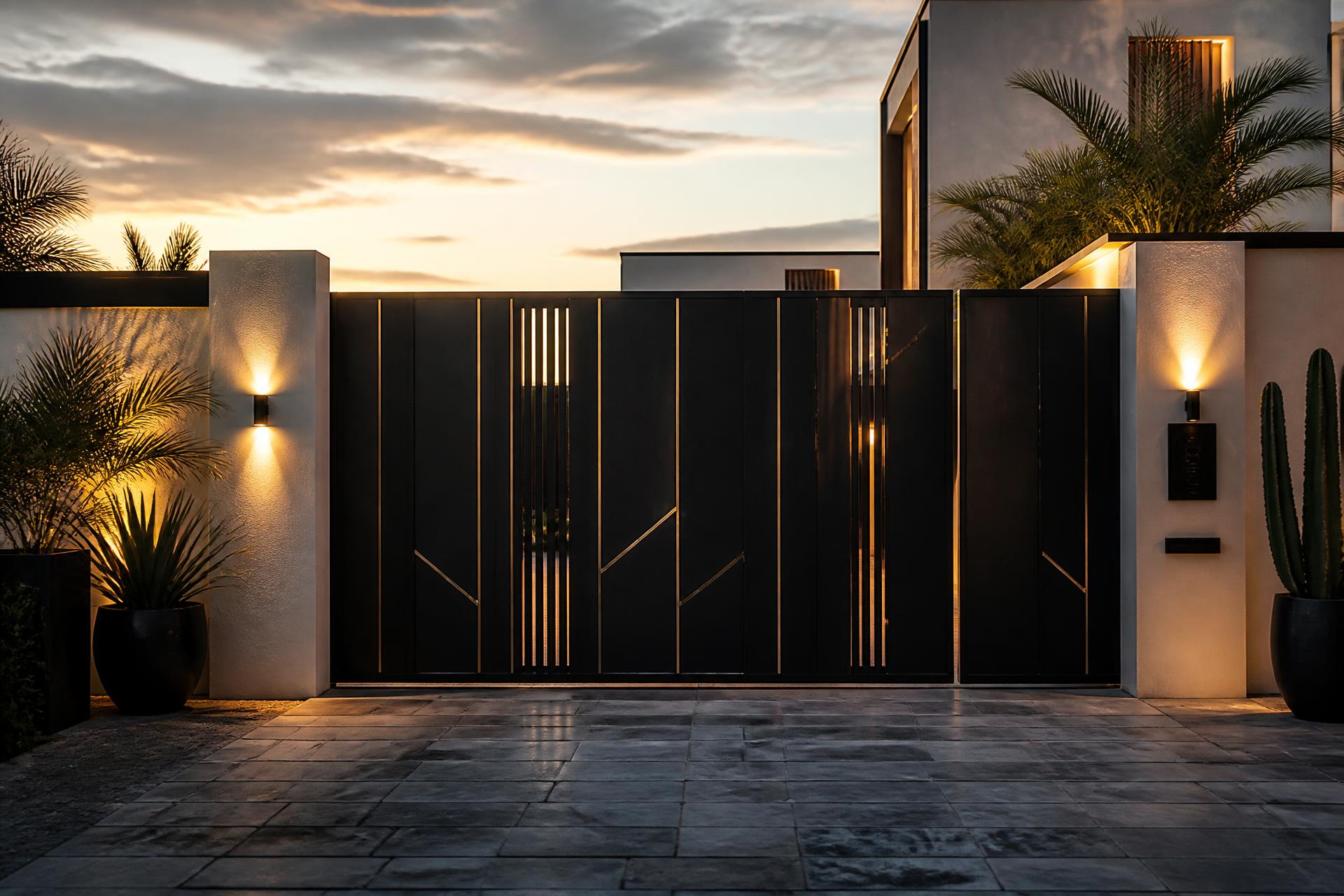 Portail métallique noir contemporain avec détails dorés sur une villa marocaine moderne