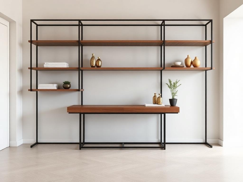 Console et étagères en acier noir dans un intérieur minimaliste