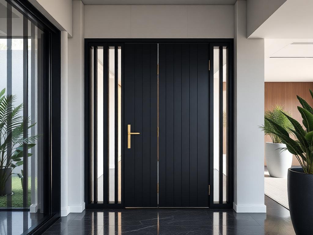 Porte d'entrée en acier noir avec poignée dorée dans une villa